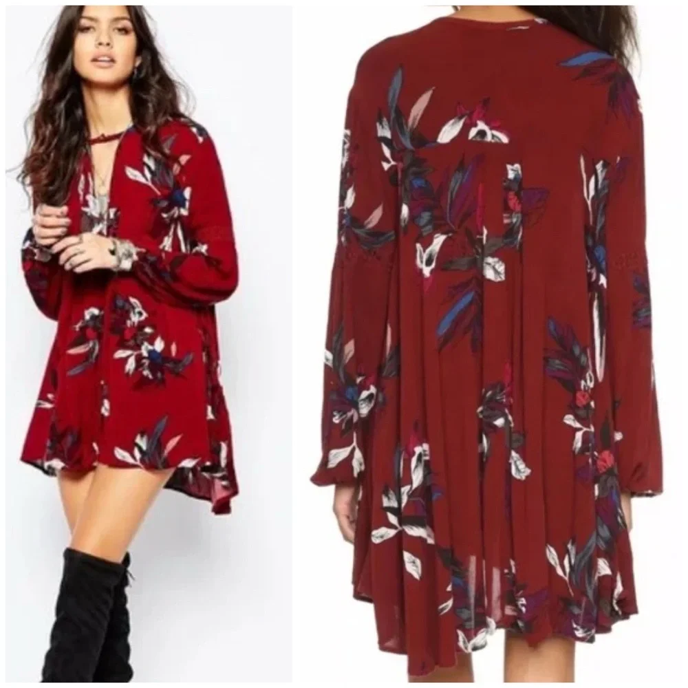 Free People Tree Swing Tunic Dress in Scarlet Combo Size XS EUC Oversize